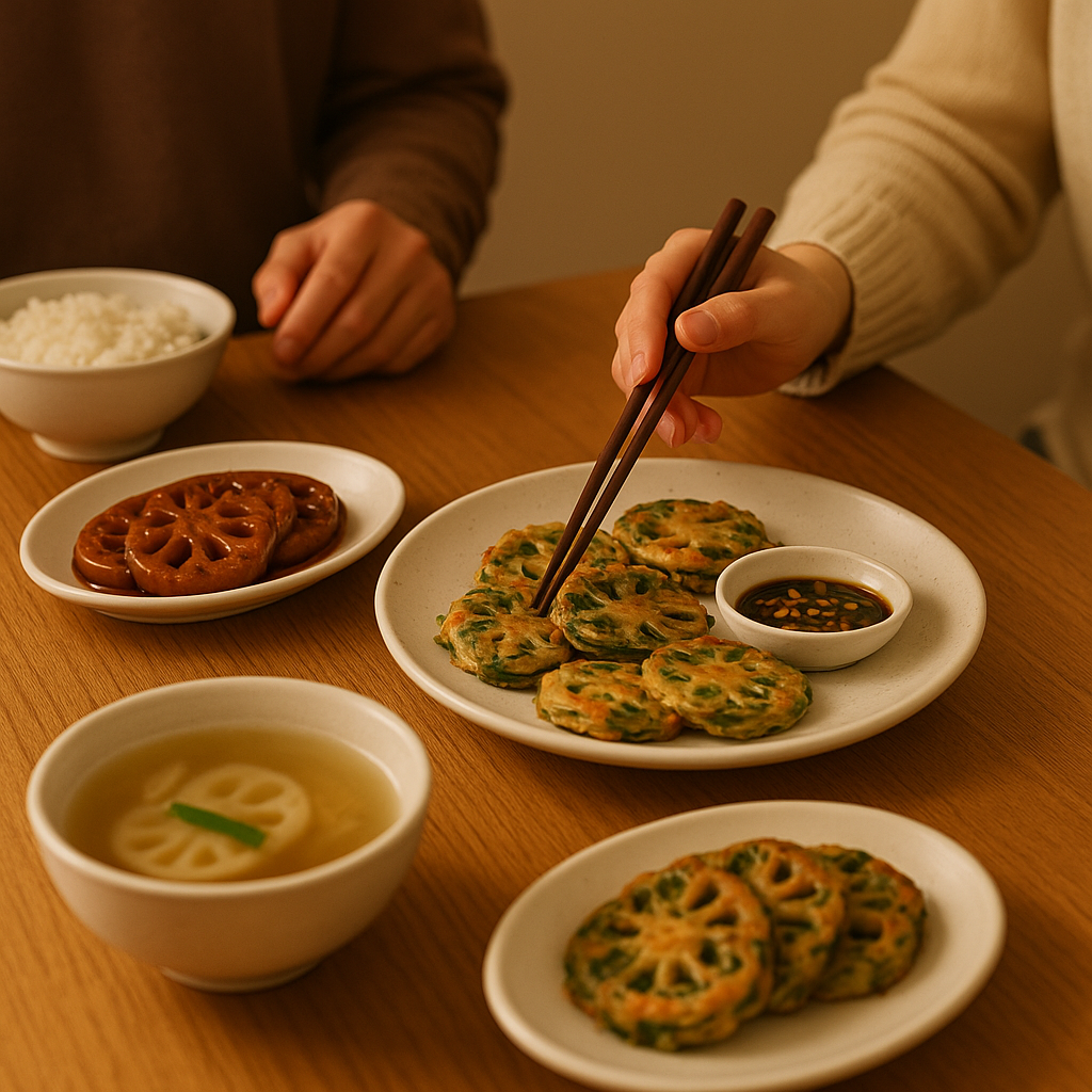 가족 식탁 위에 연근전&middot;연근조림이 놓인 따뜻한 저녁