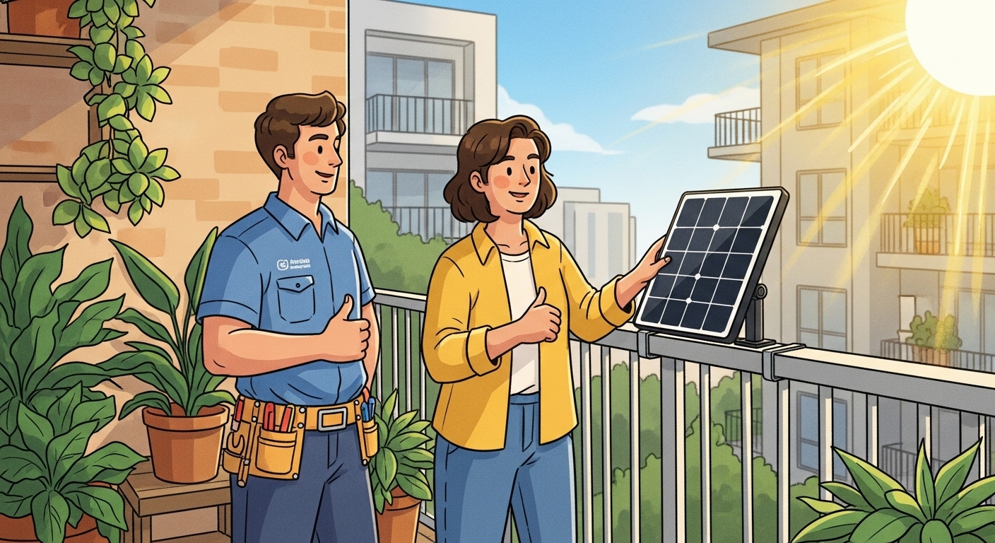 전문가가 아파트 베란다에 초소형 태양광 패널을 안전하게 설치하고 주민이 만족스럽게 확인하는 모습. 쉬운 설치와 신뢰를 강조하는 이미지.