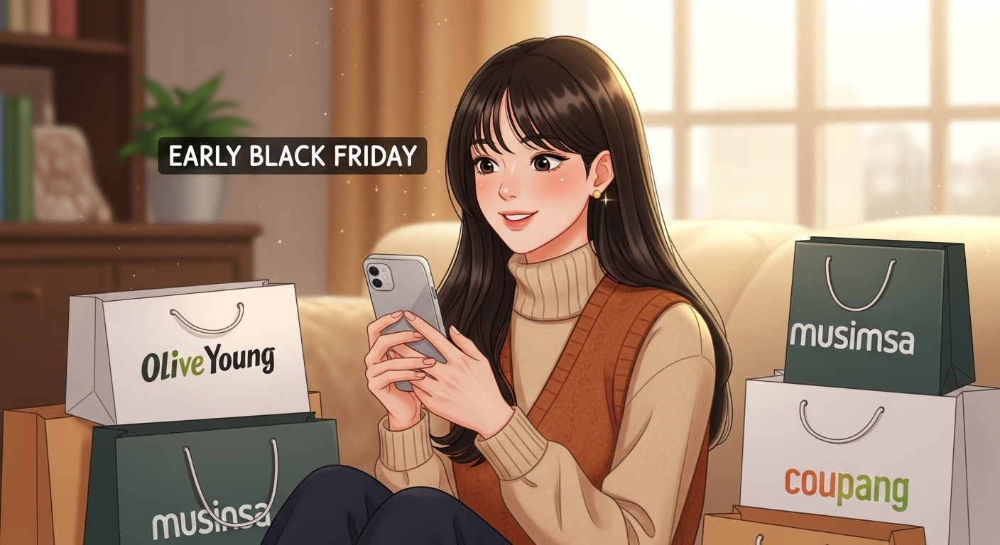 블랙프라이데이 얼리버드를 대비해 스마트폰으로 쿠팡, 무신사, 올리브영 등의 쇼핑 앱을 살펴보는 20대 한국 여성의 모습. 가을 패션을 입고 편안한 실내 공간에서 쇼핑백에 둘러싸여 있다.