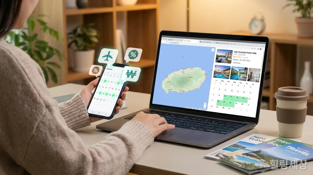 한국인이 스마트폰과 노트북으로 호캉스와 풀빌라 예약 가격을 비교하며 현명하게 여행을 준비하는 모습