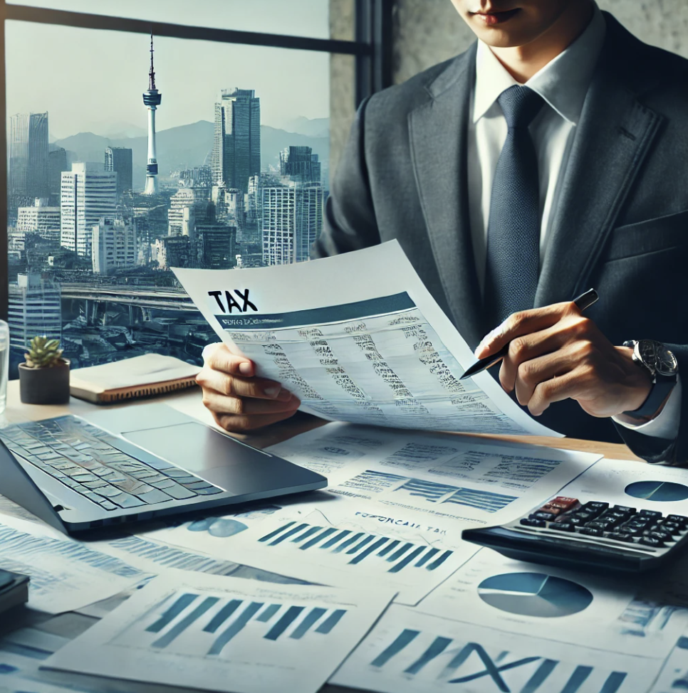 금융 전문가가 기업 세금 서류를 분석하는 장면