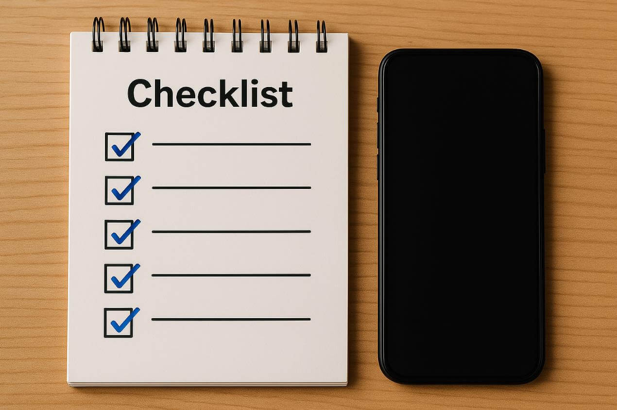 체크리스트 노트와 옆에 놓인 스마트폰.