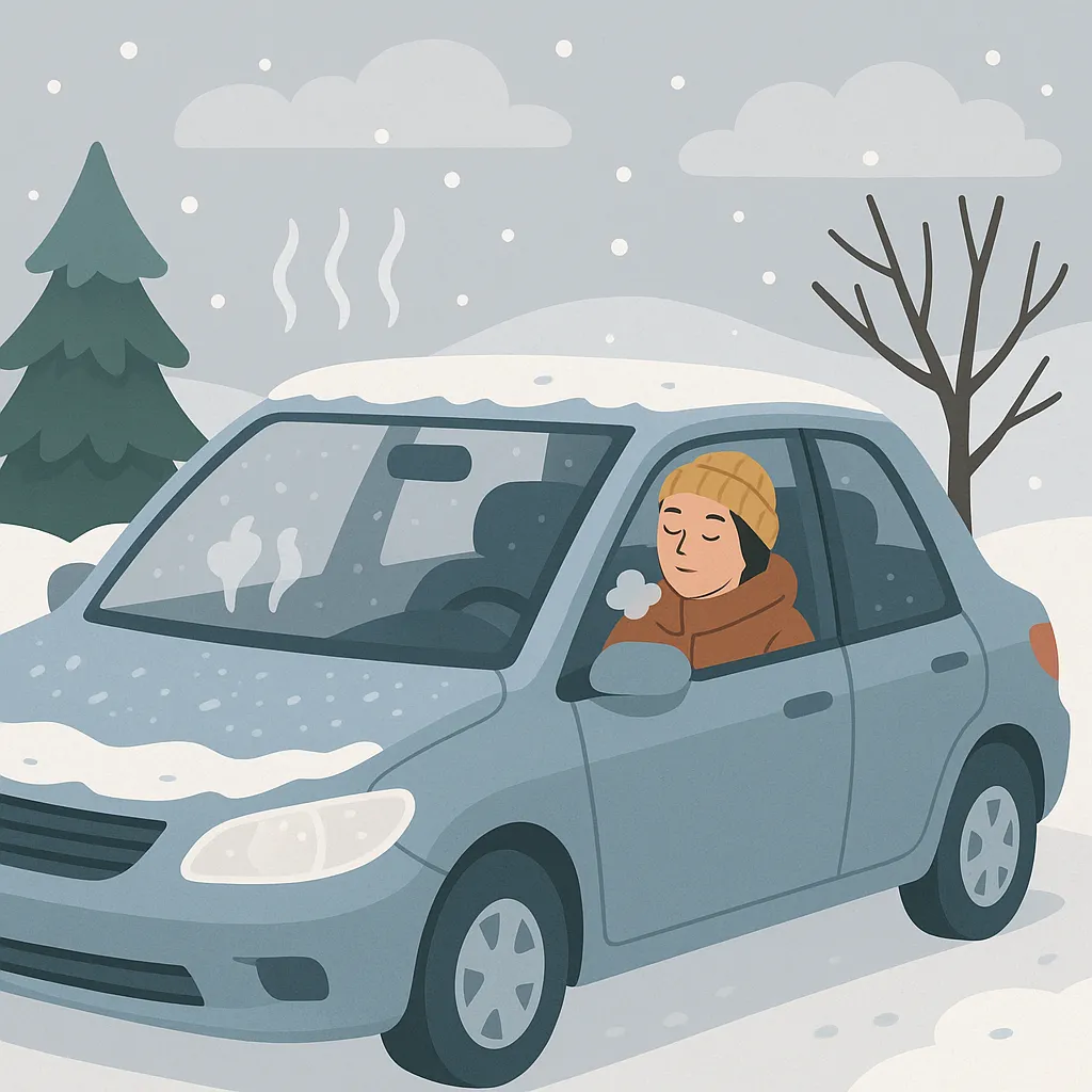 겨울철-자동차-시동을-건-뒤-얼마나-예열해야-하는지-생각하며-차량-안에서-기다리는-사람의-모습-눈-덮인-풍경과-따뜻한-숨결이-조화를-이루는-장면
