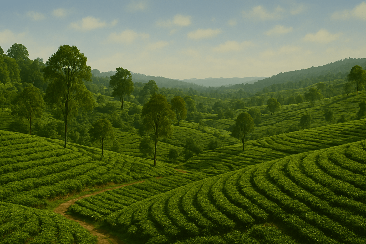 스리랑카 고산지대 누와라엘리야의 푸른 차밭이 구불구불한 언덕을 따라 끝없이 펼쳐져 있고, 멀리 산 안개가 어렴풋이 보이는 목가적인 풍경.