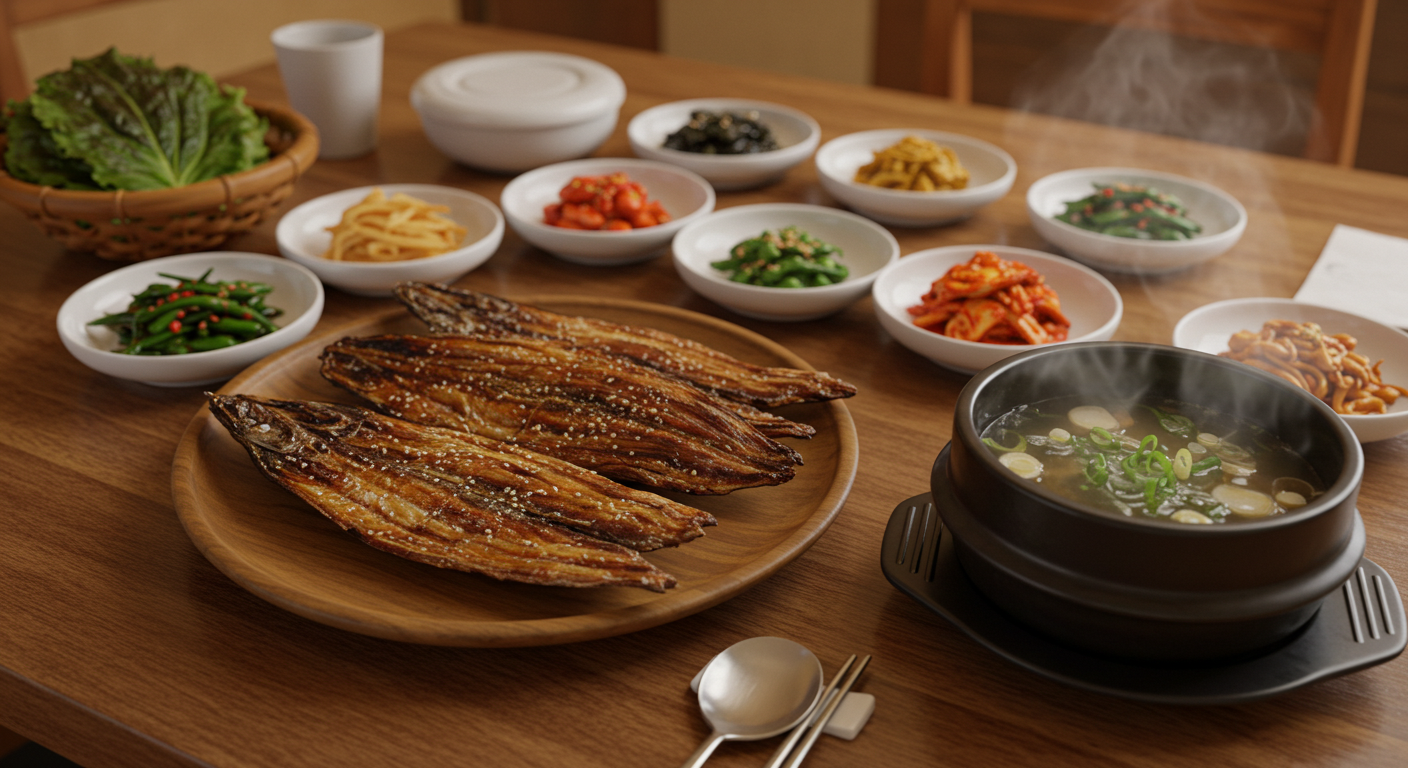 인제 지역 특산물인 황태구이와 황태국, 정갈한 반찬으로 구성된 황태정식