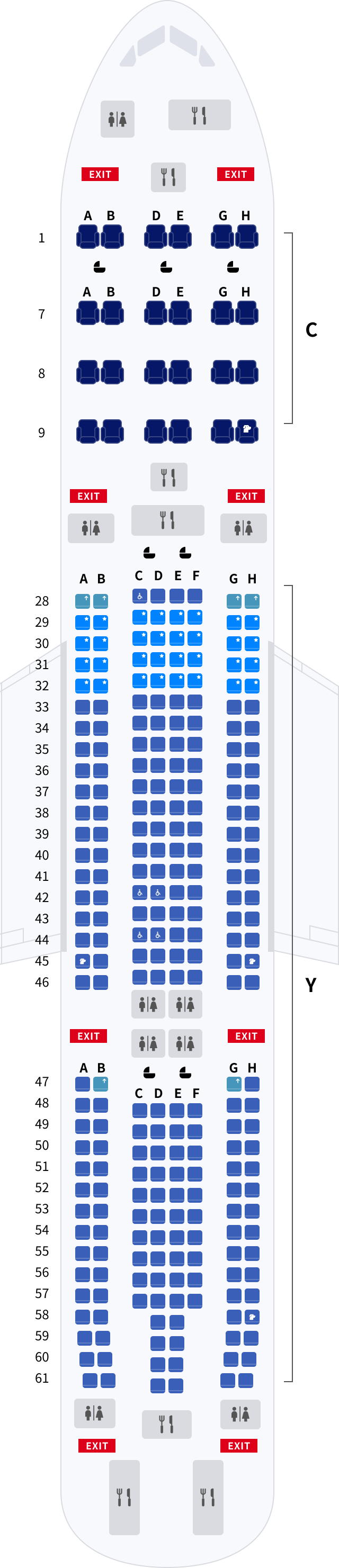 대한항공 에어버스 A330 기본정보, 좌석배치도, 좌석 간격