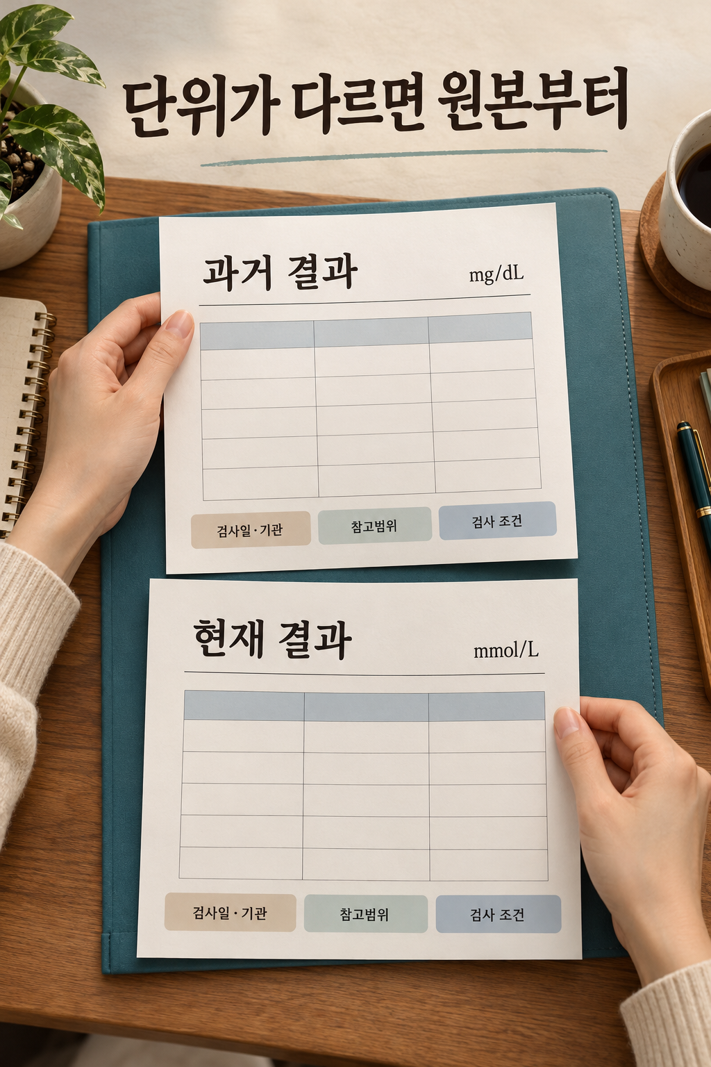 단위가 다른 두 결과지를 날짜·기관 메모와 함께 묶는 손
