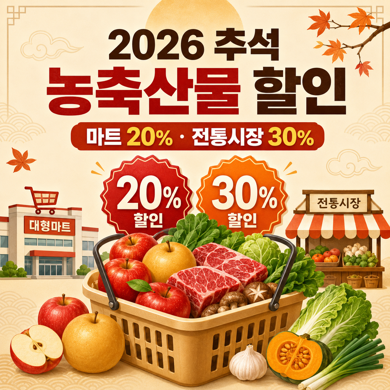 2026 추석 농축산물 할인과 마트 전통시장 기본 할인율을 정리한 이미지