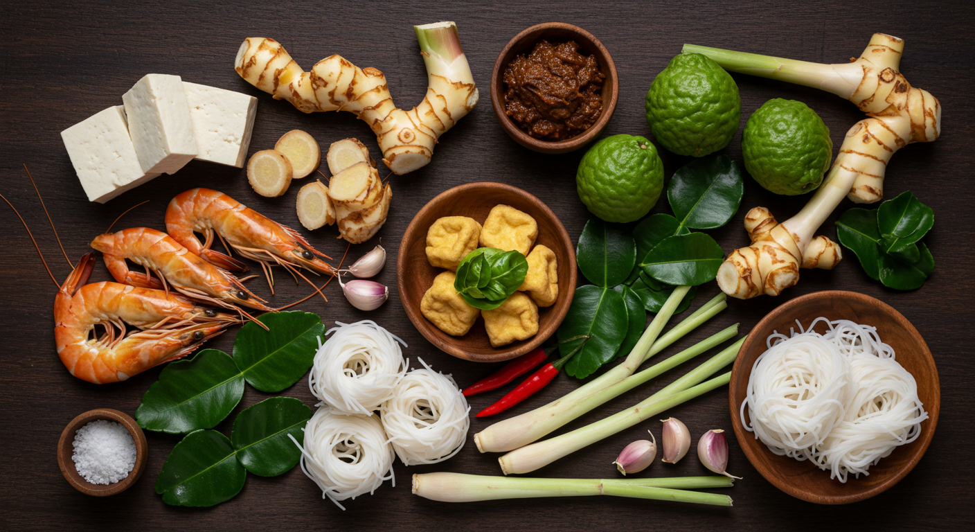 팟타이와 똠얌꿍을 위한 신선한 요리 재료들