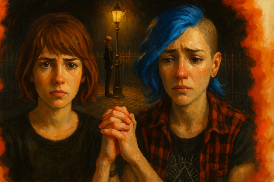 어두운 밤, 가스등 아래에서 두 젊은 여성이 손을 꼭 잡고 서 있는 유화 그림. 왼쪽 여성은 짙은 갈색 머리에 진지하고 단호한 표정을 짓고 있고, 오른쪽 여성은 반삭한 파란 머리와 슬픈 눈빛을 지니고 있다. 두 사람 뒤에는 고풍스러운 가로등 아래, 붉은 머리의 또 다른 인물이 등을 돌린 채 서 있으며, 배경은 철제 울타리와 젖은 조약돌 거리로 구성되어 있다. 붓터치가 두드러진 유화 특유의 질감이 감정을 더욱 깊이 있게 전달한다.