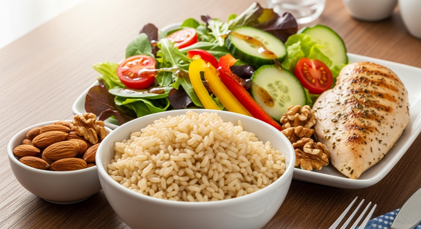 혈압 관리에 좋은 DASH 식단의 예시: 현미밥, 신선한 채소 샐러드, 닭가슴살 등으로 구성된 건강한 식사