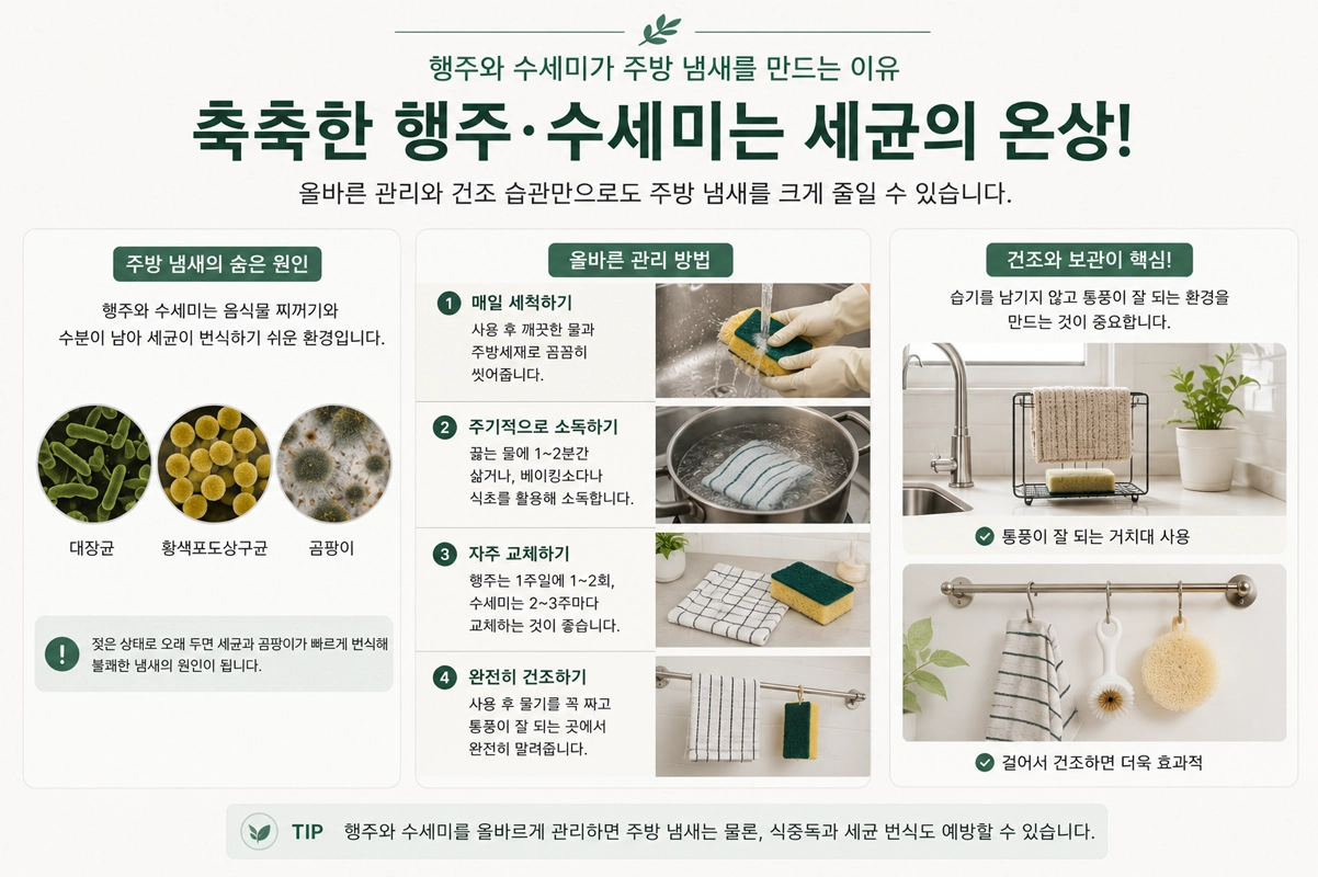 행주와 수세미가 주방 냄새를 만드는 이유를 설명하는 이미지로, 세균 번식 원인과 올바른 세척, 소독, 교체 주기, 건조 및 보관 방법을 한눈에 보여주는 인포그래픽