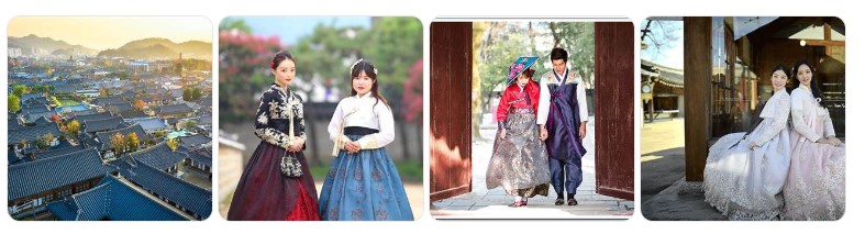 전주한옥마을과 한복을 입은 여행자들의 전통문화 체험 모습