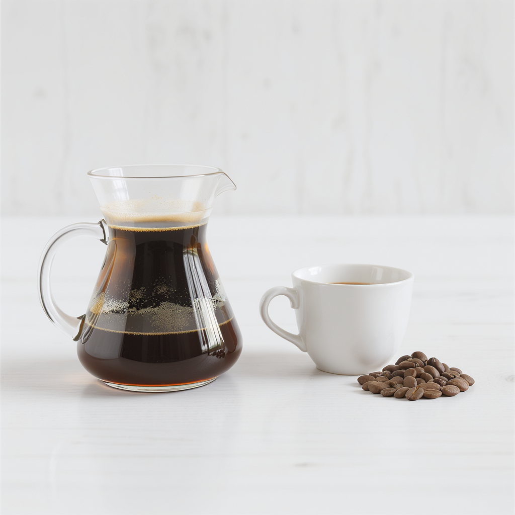 깨끗한 흰색 잔에 담긴 따뜻한 아메리카노와 디카페인 원두가 나란히 놓여있는 이미지