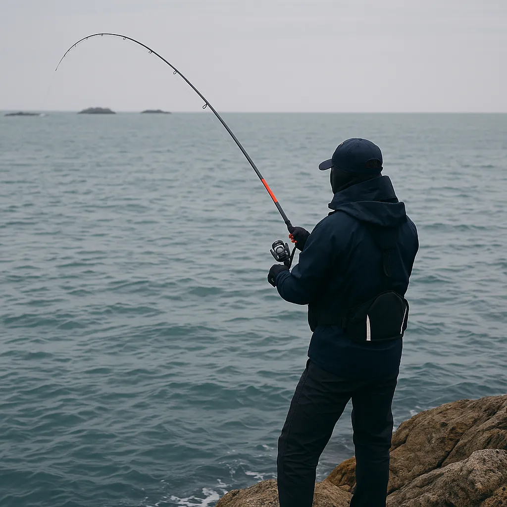 통영 갯바위에서 벵에돔 낚시를 즐기는 낚시인의 뒷모습