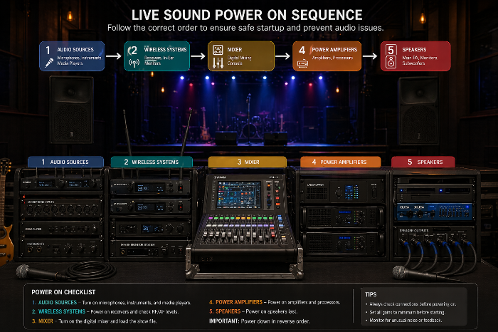 음향 장비의 올바른 전원 인가 순서를 한 화면에 보여주는 시스템 구성 이미지