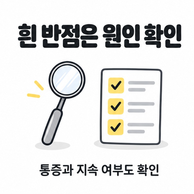 흰 반점의 원인을 확인하자는 문구와 치과 거울, 증상 확인 메모 그림