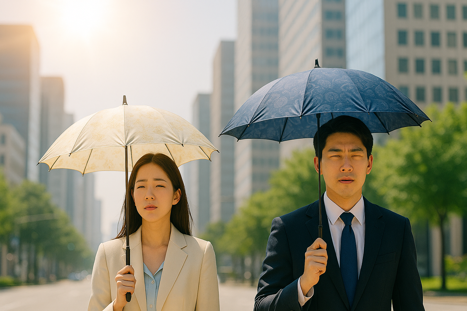 태양이 뜨겁게 내리 쬐는 도심 속을 젊은 남녀가 각자 양산을 쓰고 일하러 다니는 모습을 표현한 일러스트