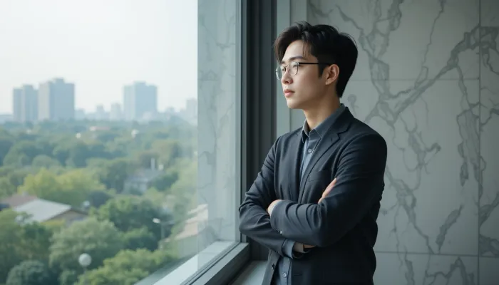 창가에서 멀리 바라보며 재정적 결정을 고민하는 장면