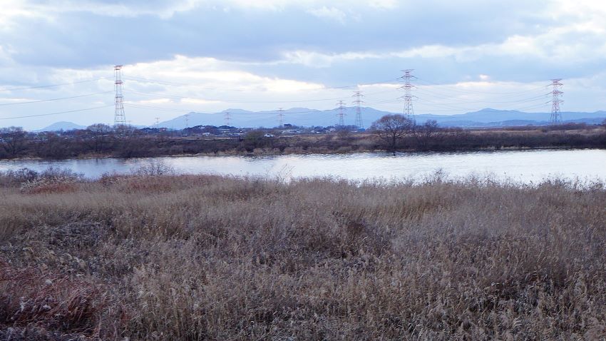 회색하늘에 두터울 구름, 물길이 넓어진 삽교천, 앞에는 무성한 잡초와 갈대숲, 들판 너머에 멀리 마을 풍경, 그 뒤로 이어지는 야산, 좌우로 늘어선 고압선 철탑들,