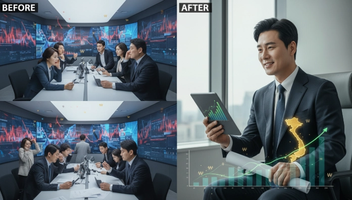 한국은행 뱅크런 우려 속에서 예금자보호 1억 원 상향과 베트남으로의 자산 분산을 통해 현명하게 재정을 관리하는 한국인 투자자의 모습