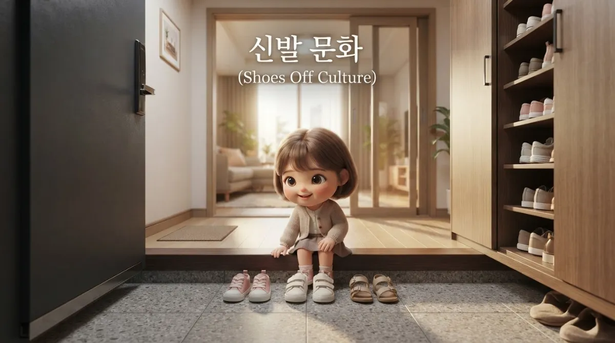 한국의 신발 벗고 생활하는 온돌 좌식 문화를 설명하는 미니미 캐릭터 합성 이미지.