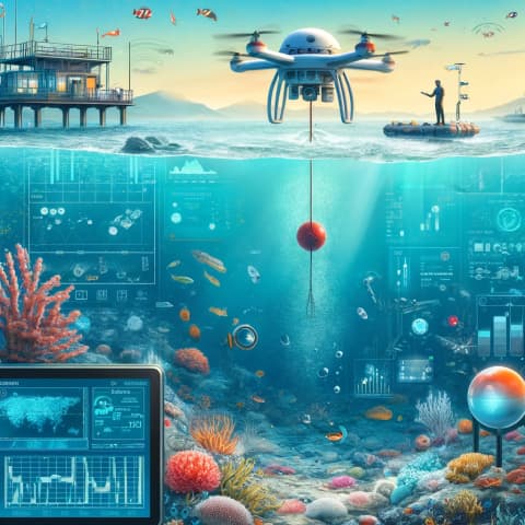 A remote-operated underwater drone inspecting coral reefs or collecting marine data
A buoy or floating sensor array measuring ocean parameters (temperature, pH, salinity)
A lab setting where scientists analyze water samples, designing technology for marine wildlife tracking
A digital dashboard showing real-time marine data analytics (fish population mapping, pollution detection)