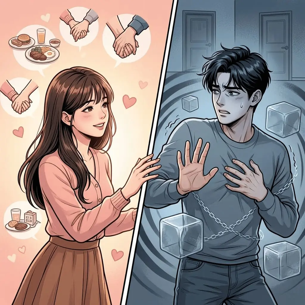 좌측에 있는 여자가 오른쪽 회피형 남자와의 연애에서 가까워지면 멀어지는 밀당 패턴과 정서적 거리감
