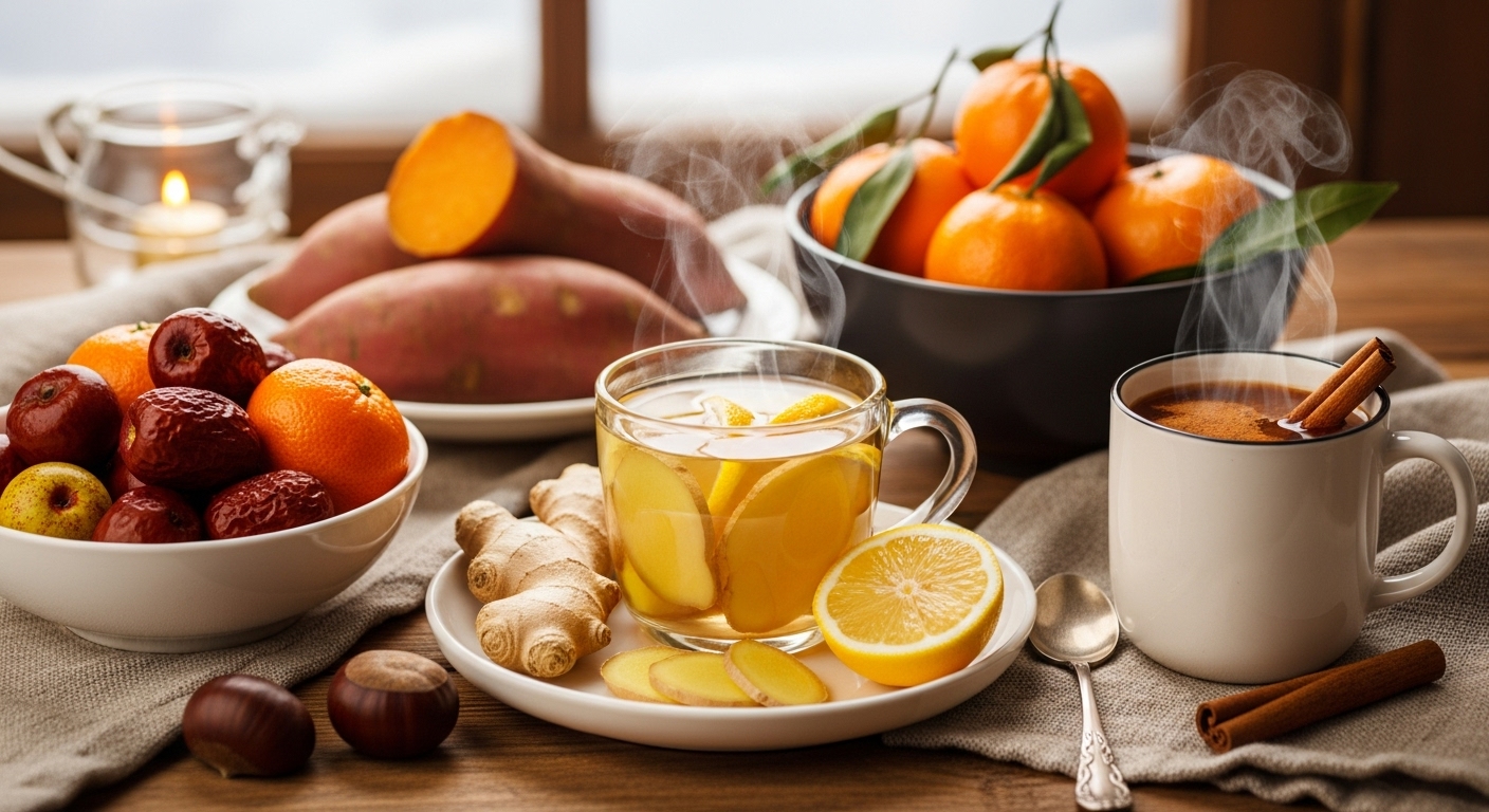 따뜻한 고구마, 생강차, 귤, 밤 등이 놓인 아늑한 겨울 식탁. 한파 속 몸을 녹여줄 건강한 겨울 음식들.