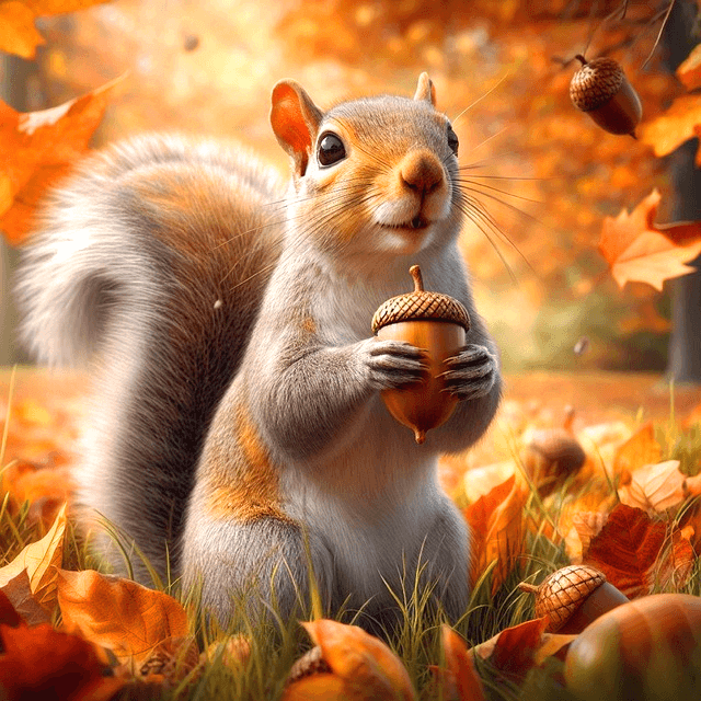 가을 숲속에서 회색털을 가진 다람쥐가 도토리를 두손으로 들고 서있다. 바닥에는 떨어진 도토리들이 있다.