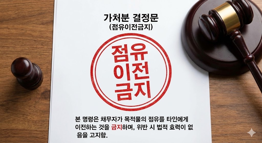 점유이전금지가처분의 중요성을 강조하는 법률 문서 개념 이미지, 점유 이전 금지 도장 표시