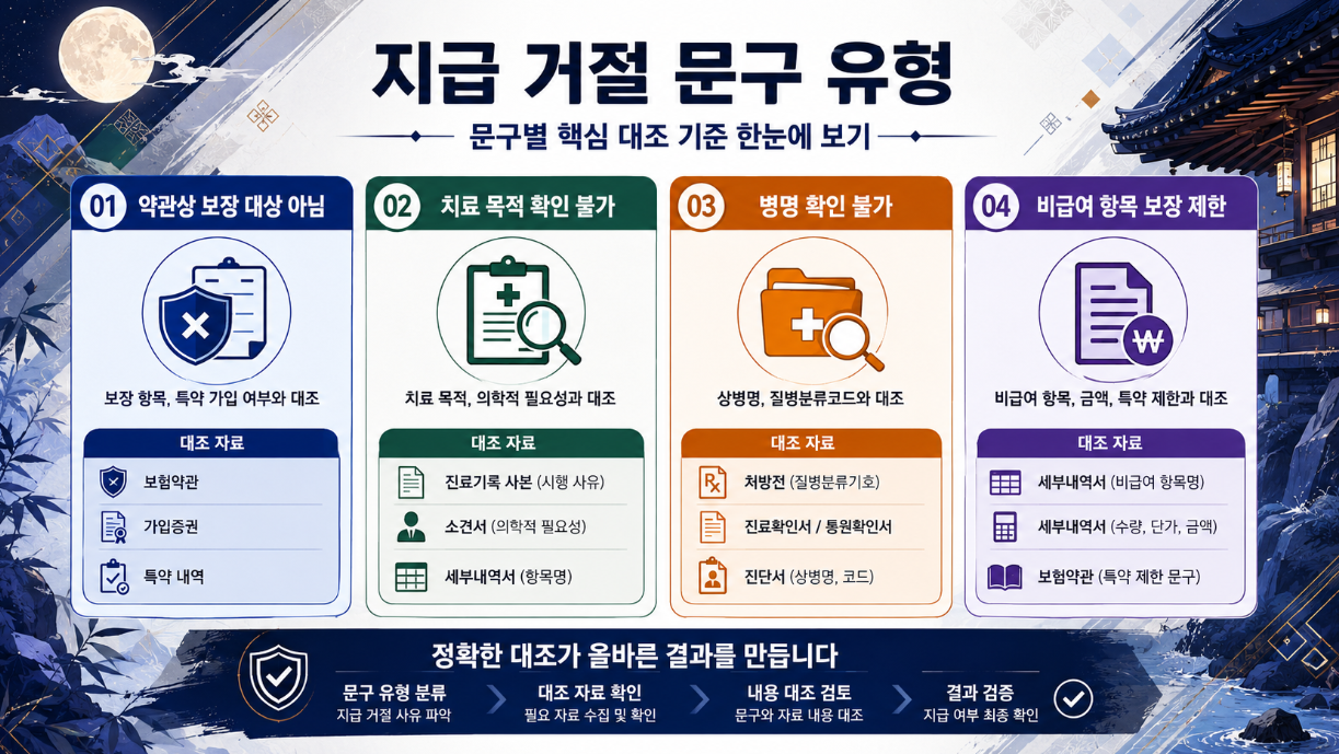 실손보험 부지급 통보서의 기본 항목과 대조 기준을 청구 정보, 금액 정보, 사유 정보로 나눈 인포그래픽