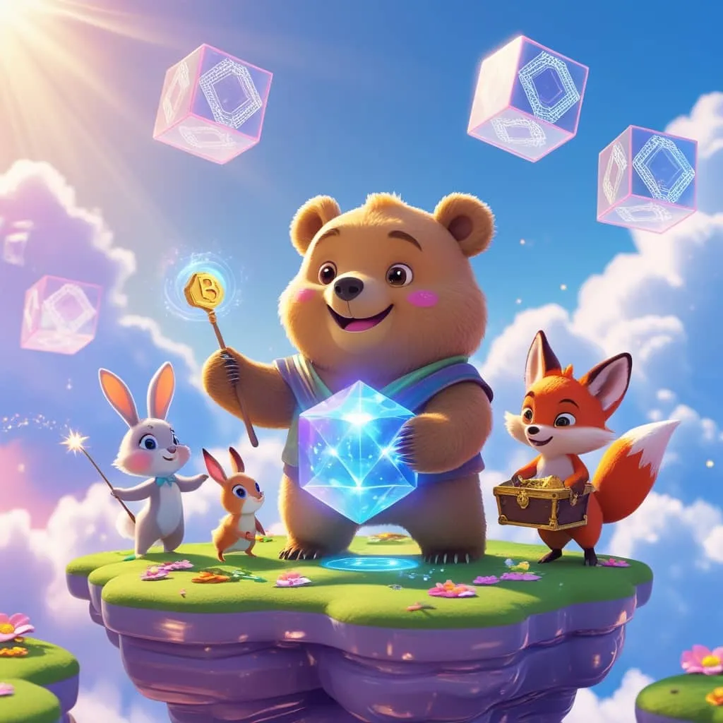 베라체인의 혁신적 블록체인 기술을 하늘에 떠 있는 가상 세계에서 곰과 NFT 캐릭터로 상징적으로 표현한 이미지.