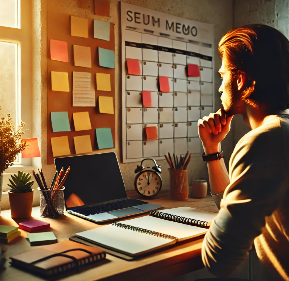 책상 앞에 앉아 남자가 무언가를 계획. 고민하는 그림