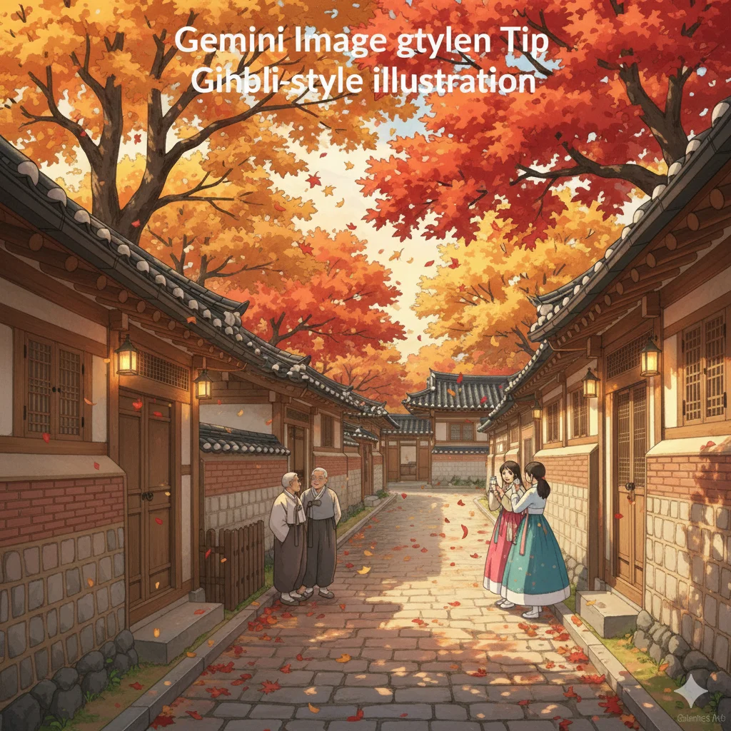 지브리 스타일로 표현한 가을 전주 한옥마을의 골목, 붉은 단풍잎이 흩날리는 오후, 길가에 서 있는 노부부와 한복 차림의 여행자, 따뜻한 조명 아래에서 느껴지는 평화로운 분위기