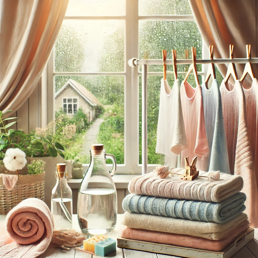 빨래와 비 오는 날 특유의 분위기가 은은하게 어우러진 이미지