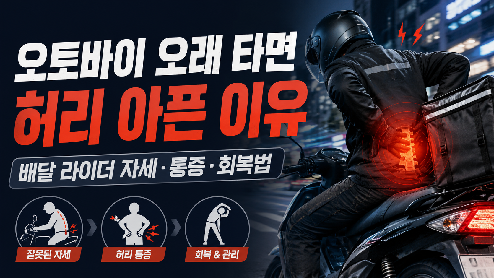 오토바이 배달 라이더가 장시간 라이딩 후 허리 통증을 느끼는 모습과 자세, 통증, 회복 관리법을 강조한 건강 정보 썸네일