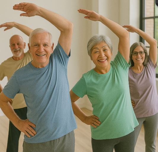 넓고 밝은 실내 공간에서 실버체조를 하고 있는 네 명의 노인들