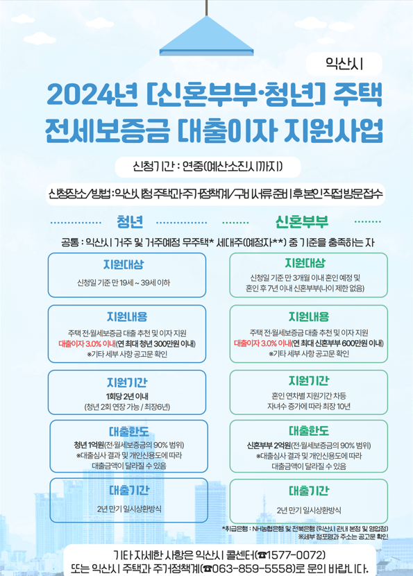 2024년 익산시 신혼부부&middot;청년 주택 전세보증금 대출이자 지원사업 신청 조건 자격