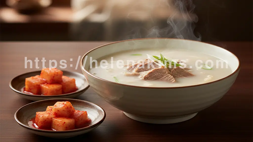 뽀얗고 진한 국물의 설렁탕 또는 곰탕 한 그릇이 놓여 있다. 옆에는 윤기 나는 깍두기와 잘 익은 김치가 정갈하게 곁들여져 따뜻하고 든든한 한 끼의 감동을 전한 이미지.