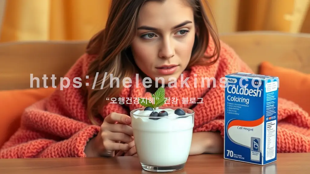 감기에 걸린 여성이 따뜻한 담요를 덮고 앉아, 테이블 위 플레인 요거트 컵과 감기약 상자를 번갈아 보며 고민하는 모습.