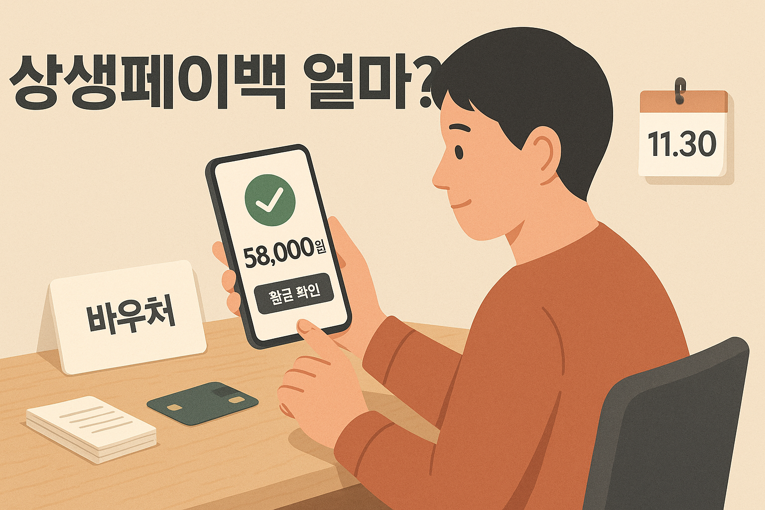 상생페이백 환급 확인 장면: 책상에 앉은 성인이 스마트폰 화면의 초록 체크와 ‘58,000원·환급 확인’을 확인하고, 옆에 ‘바우처’ 카드·영수증 더미·은행카드가 놓여 있으며, 벽에는 ‘11.30’ 달력이 걸린 반-평면 일러스트.