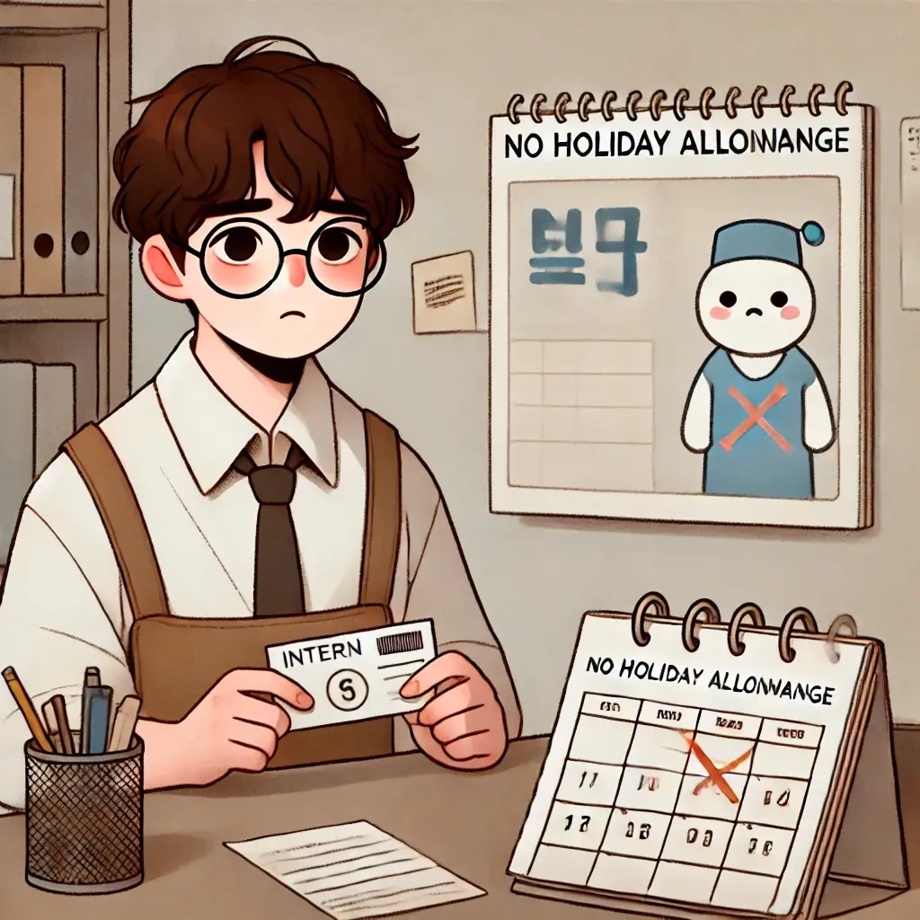 인턴으로 근무하고 있는 근로자가 주휴수당을 받지 못해 난처한 상황에 있는 모습을 시각적으로 표현한 일러스트 이미지