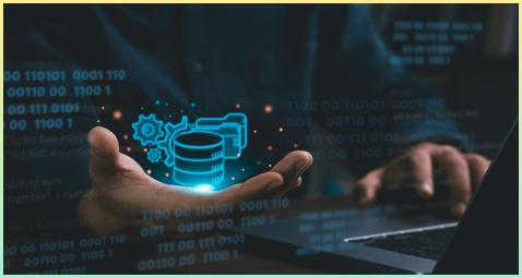 데이터베이스 및 서버 공간 배경이 있는 컴퓨터 화면에서 SQL(Structured Query Language) 데이터베이스의 데이터 저장소를 확인할 수 있습니다.