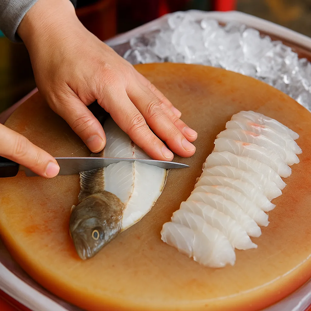 속초 중앙시장에서 생참가자미를 회로 써는 손의 클로즈업