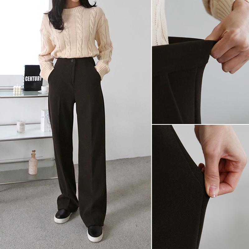 하이웨스트 밴딩슬랙스 여성 겨울바지 밴딩 여자와이드팬츠 기모 슬랙스 고무줄 통바지 브라운