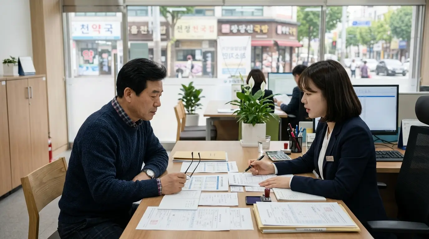 지역 신용 보증 재단 대면 창구에서 자영업자가 소상공인 대환 대출 한도 확대를 위한 특별 조율 상담을 받는 장면