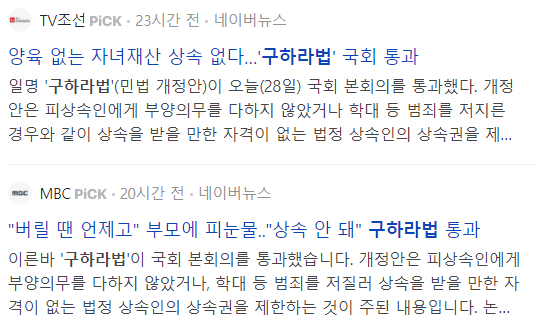 구하라법 통과 관련 뉴스 기사들
