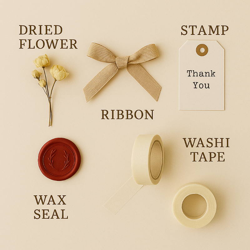 선물 포장 소품 5종 - 드라이플라워, 리본, 스탬프 태그, 왁스씰, 와시테이프 정리 카드