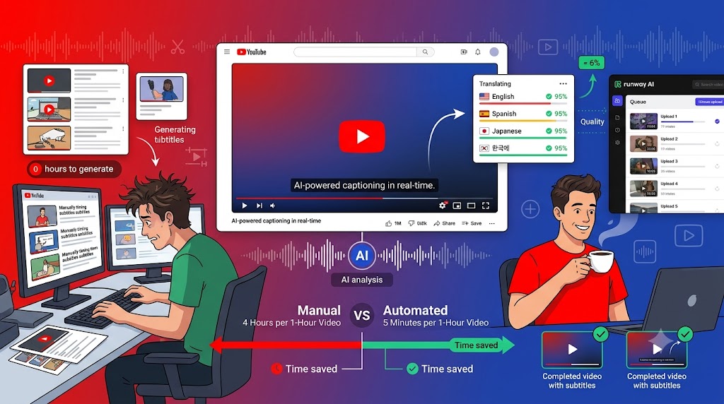 An illustration comparing manual YouTube subtitling with AI automation. On the left, a frustrated creator manually types captions, while on the right, a relaxed creator enjoys coffee as Runway AI automatically generates and translates multi-language subtitles in real-time.